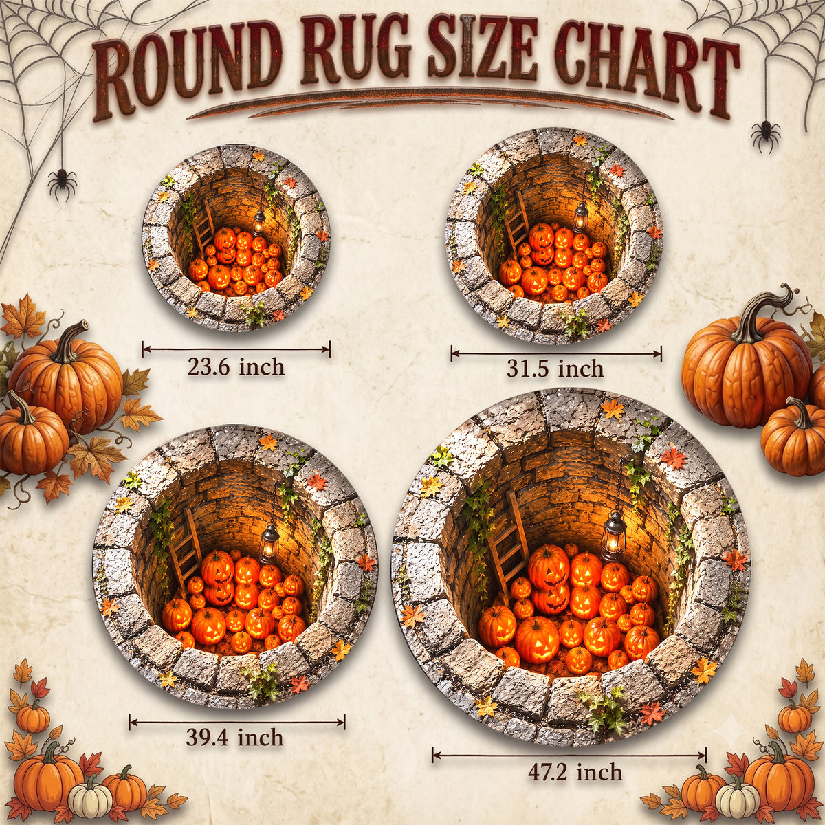 Halloween Round Rug Spooky 3D Stone Well Pumpkins