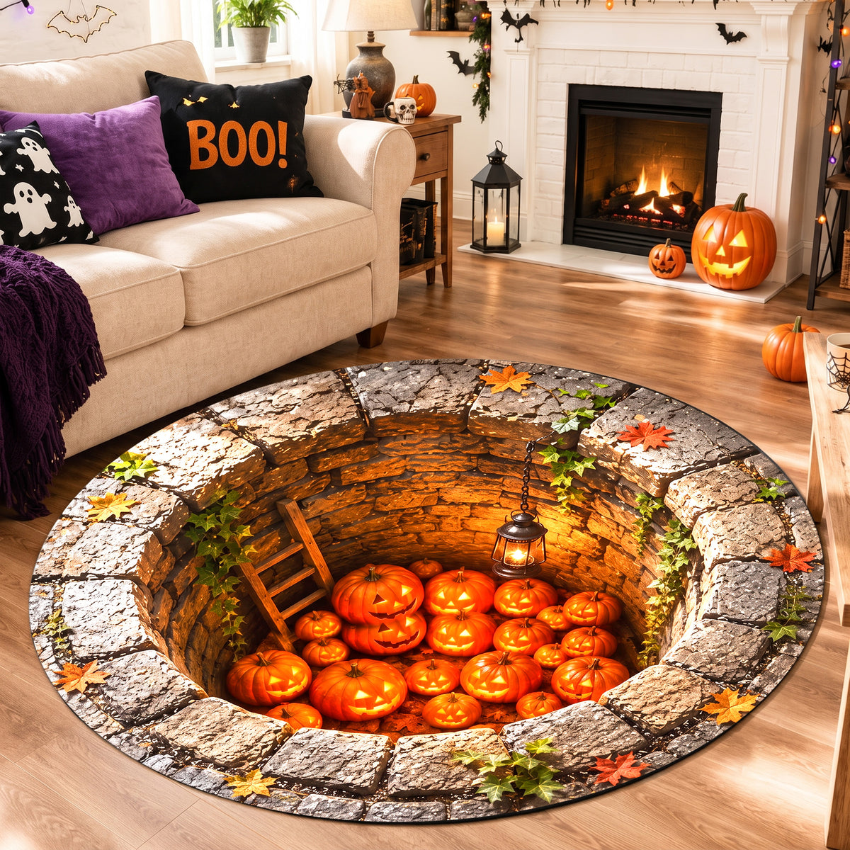 Halloween Round Rug Spooky 3D Stone Well Pumpkins