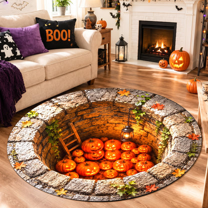 Halloween Round Rug Spooky 3D Stone Well Pumpkins
