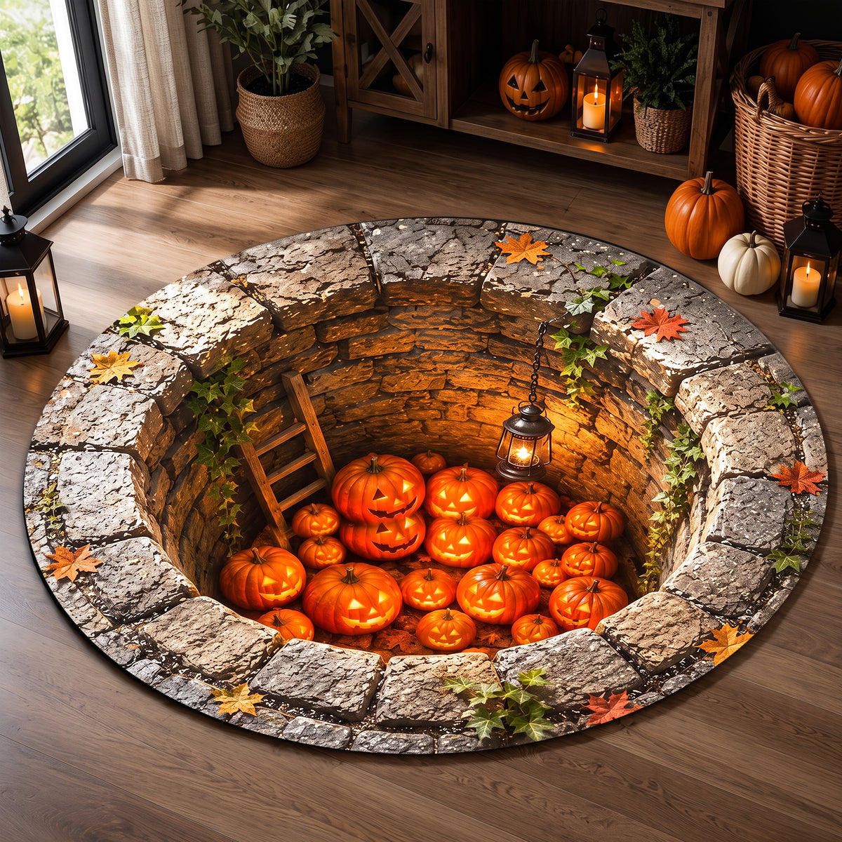Halloween Round Rug Spooky 3D Stone Well Pumpkins