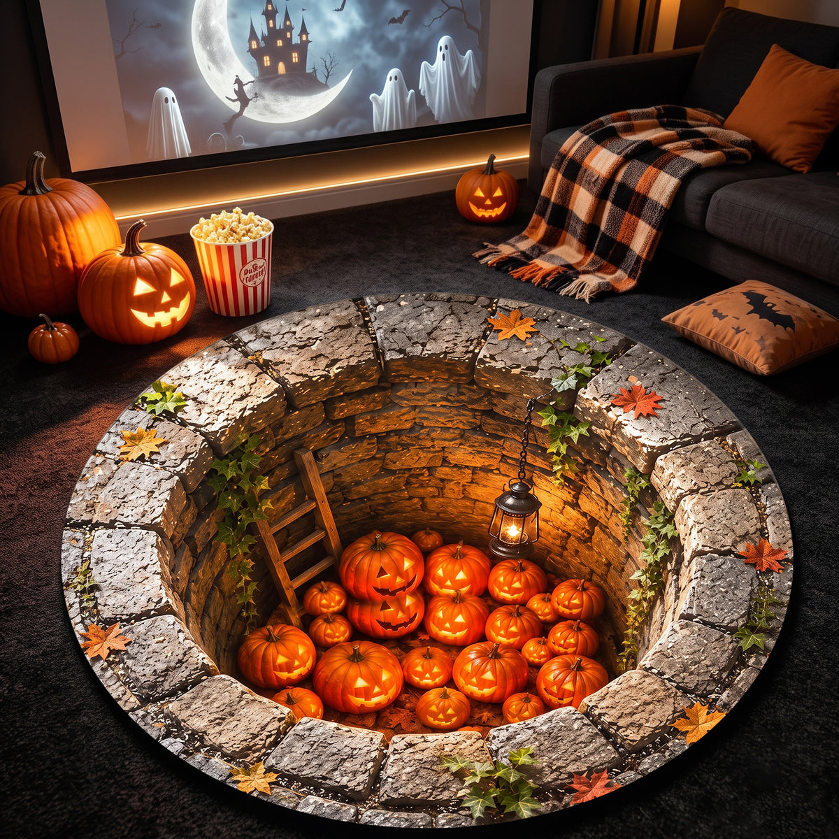 Halloween Round Rug Spooky 3D Stone Well Pumpkins