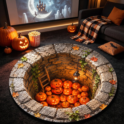 Halloween Round Rug Spooky 3D Stone Well Pumpkins
