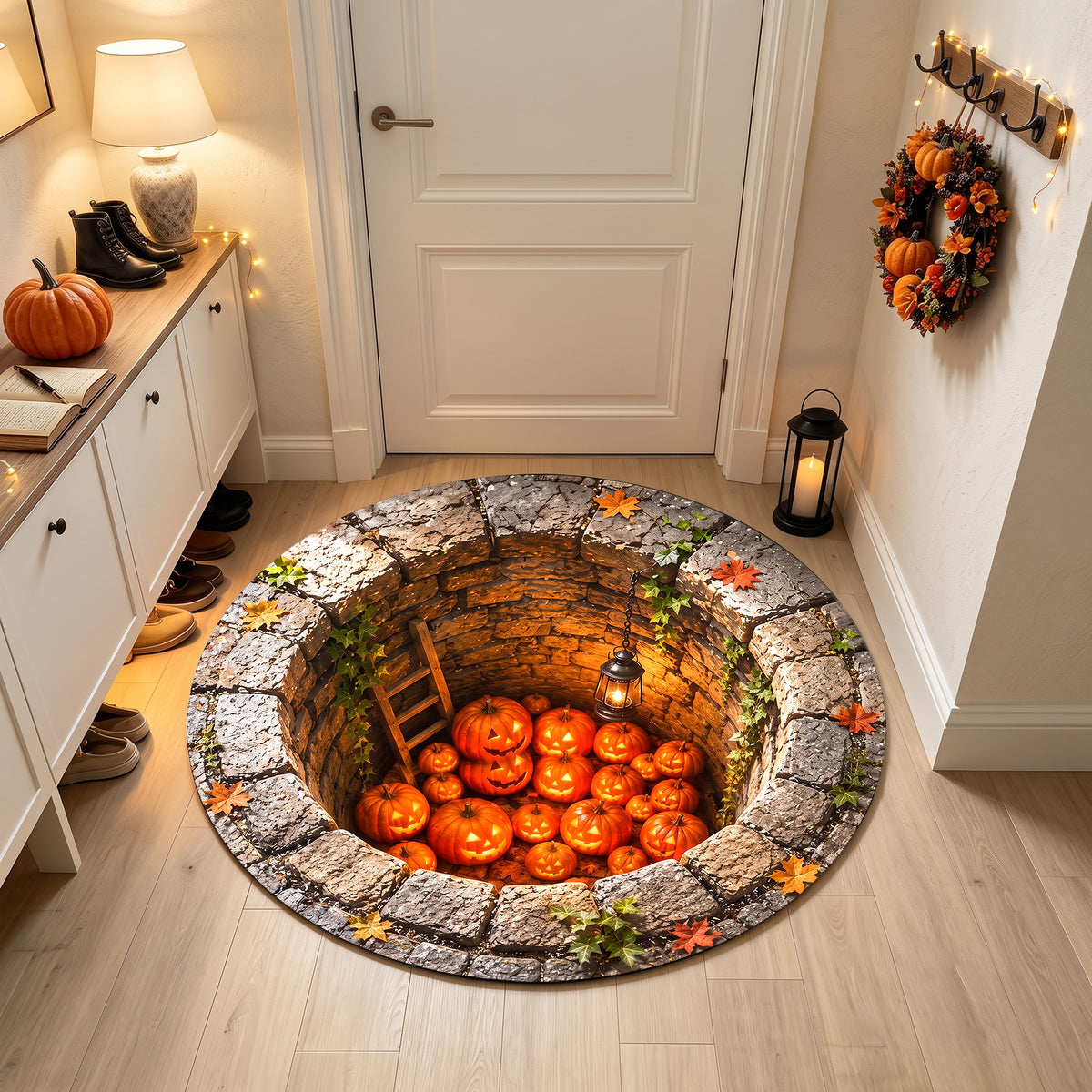 Halloween Round Rug Spooky 3D Stone Well Pumpkins