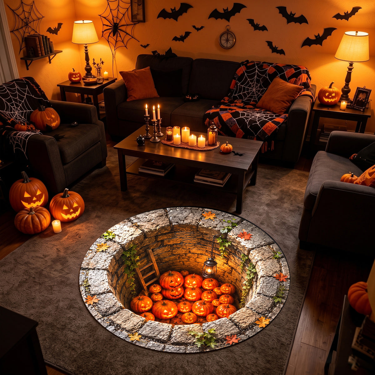Halloween Round Rug Spooky 3D Stone Well Pumpkins