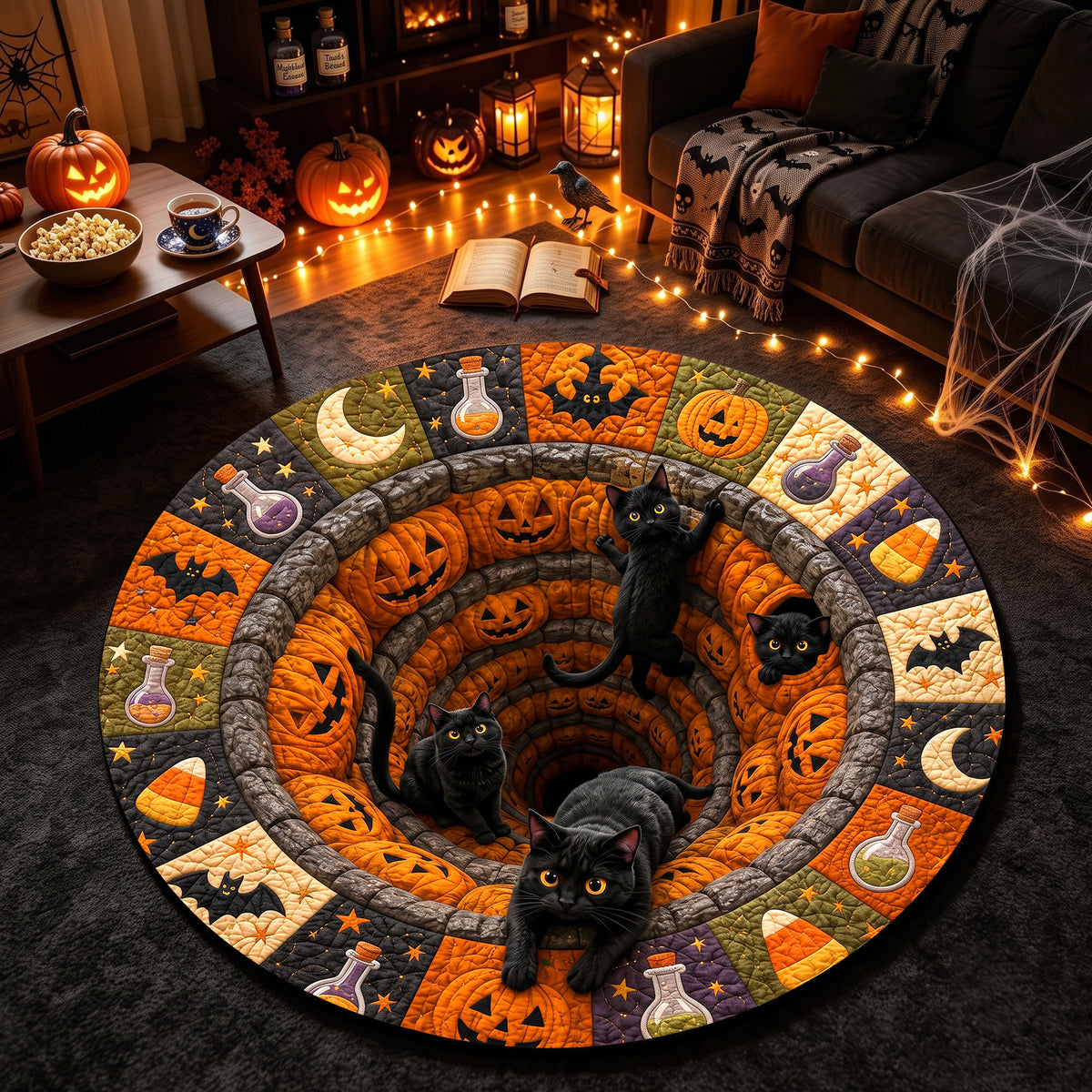 Halloween Round Rug 3D Pumpkin Pit Black Cats Patchwork