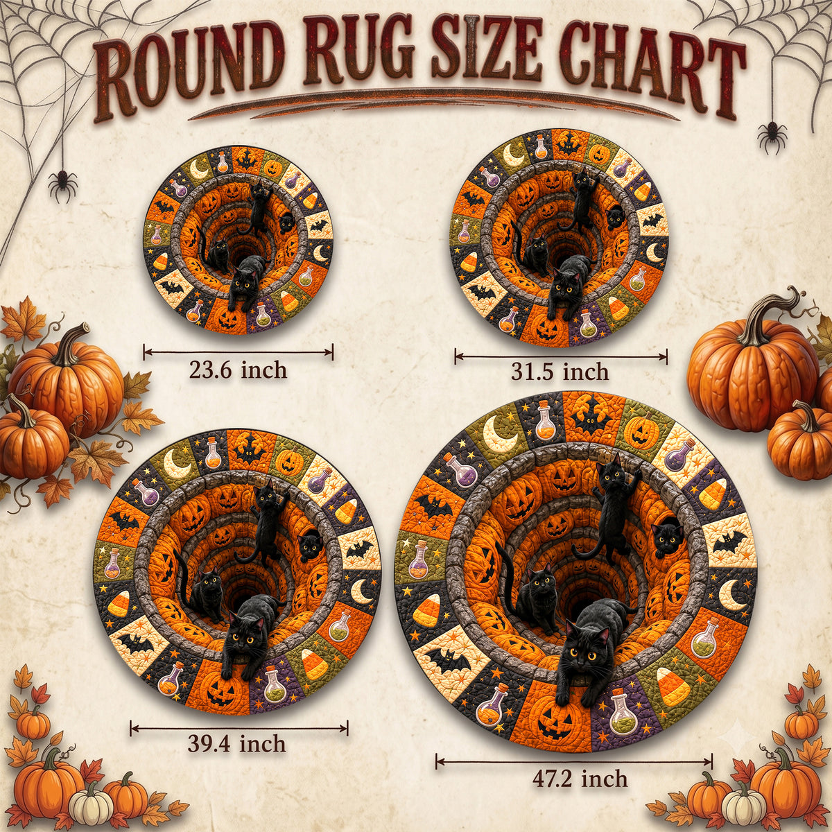 Halloween Round Rug 3D Pumpkin Pit Black Cats Patchwork