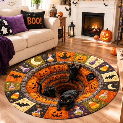 Halloween Round Rug 3D Pumpkin Pit Black Cats Patchwork