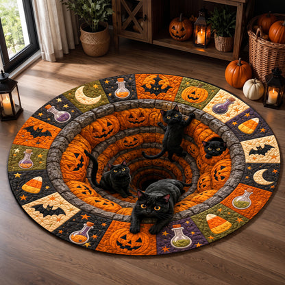 Halloween Round Rug 3D Pumpkin Pit Black Cats Patchwork