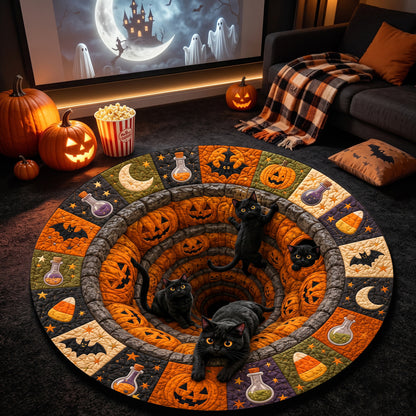 Halloween Round Rug 3D Pumpkin Pit Black Cats Patchwork