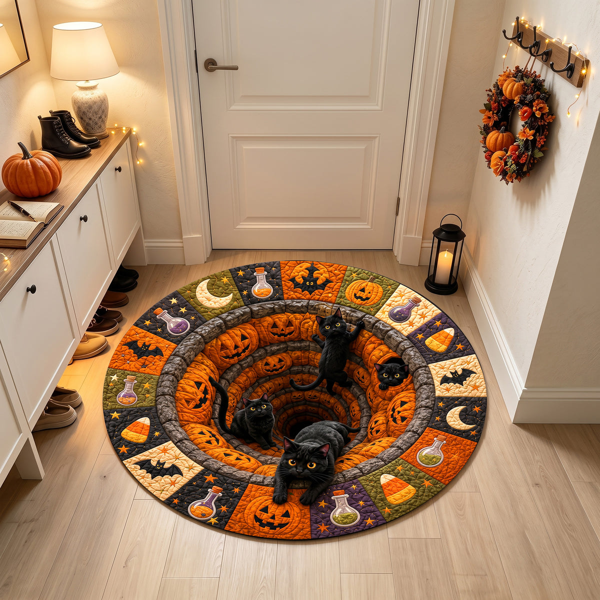 Halloween Round Rug 3D Pumpkin Pit Black Cats Patchwork