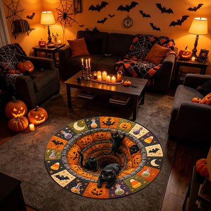 Halloween Round Rug 3D Pumpkin Pit Black Cats Patchwork