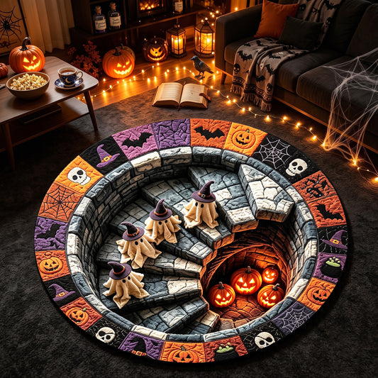 Halloween Round Rug 3D Stairs Witch Ghosts Patchwork