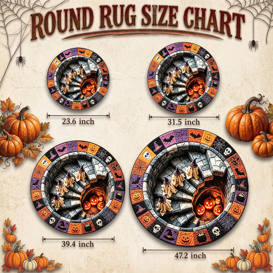 Halloween Round Rug 3D Stairs Witch Ghosts Patchwork