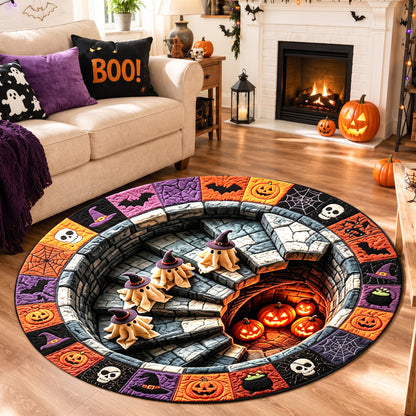 Halloween Round Rug 3D Stairs Witch Ghosts Patchwork