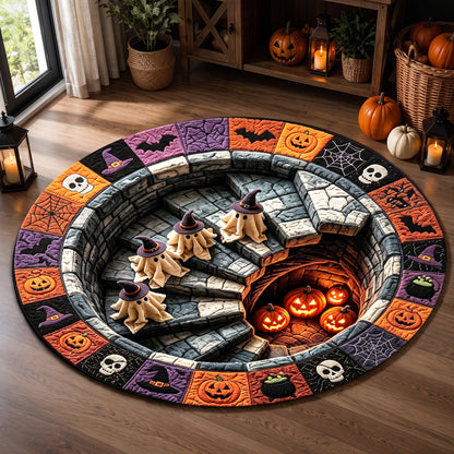 Halloween Round Rug 3D Stairs Witch Ghosts Patchwork
