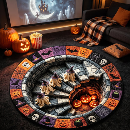 Halloween Round Rug 3D Stairs Witch Ghosts Patchwork