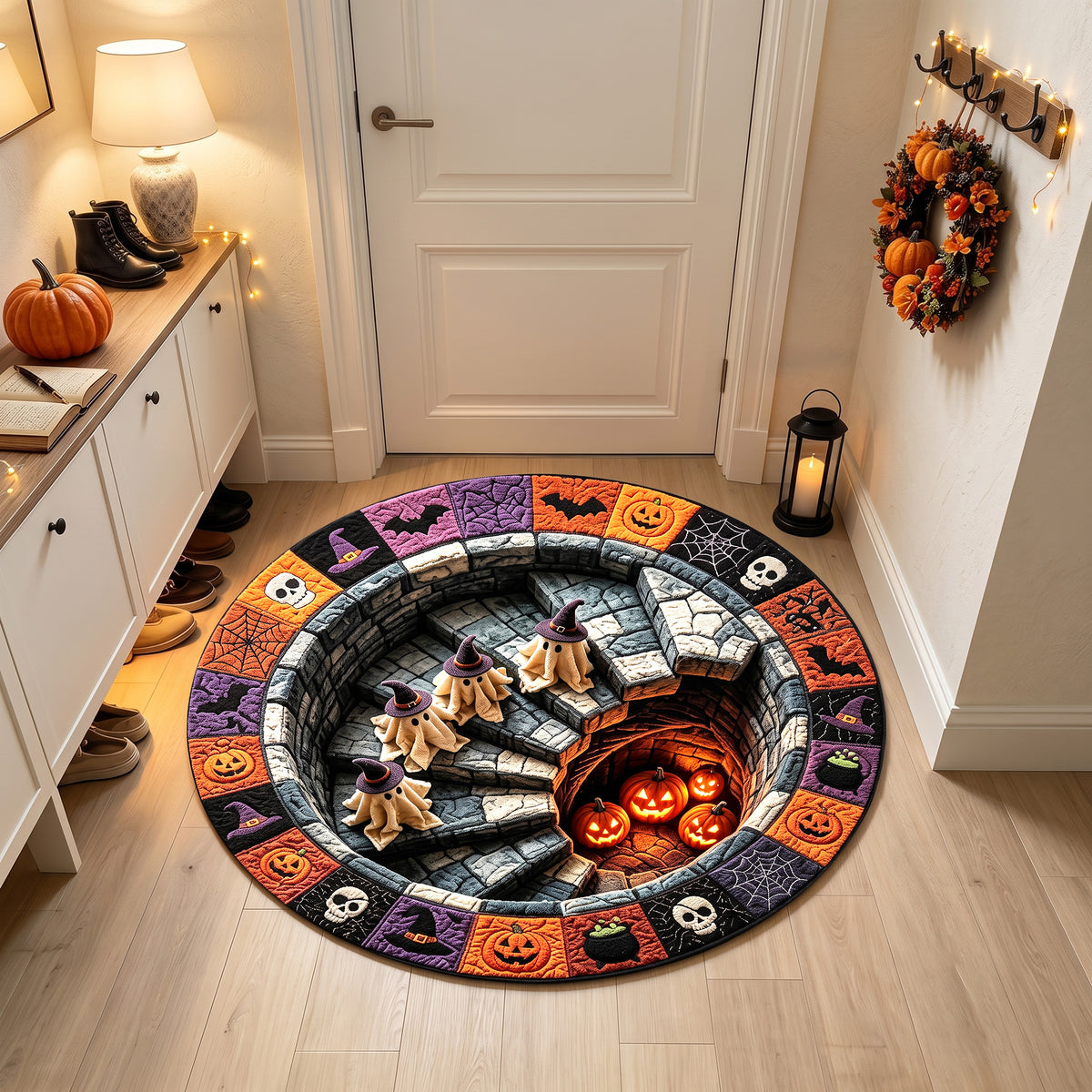 Halloween Round Rug 3D Stairs Witch Ghosts Patchwork
