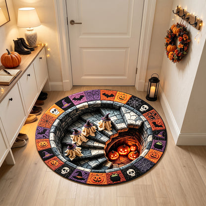 Halloween Round Rug 3D Stairs Witch Ghosts Patchwork