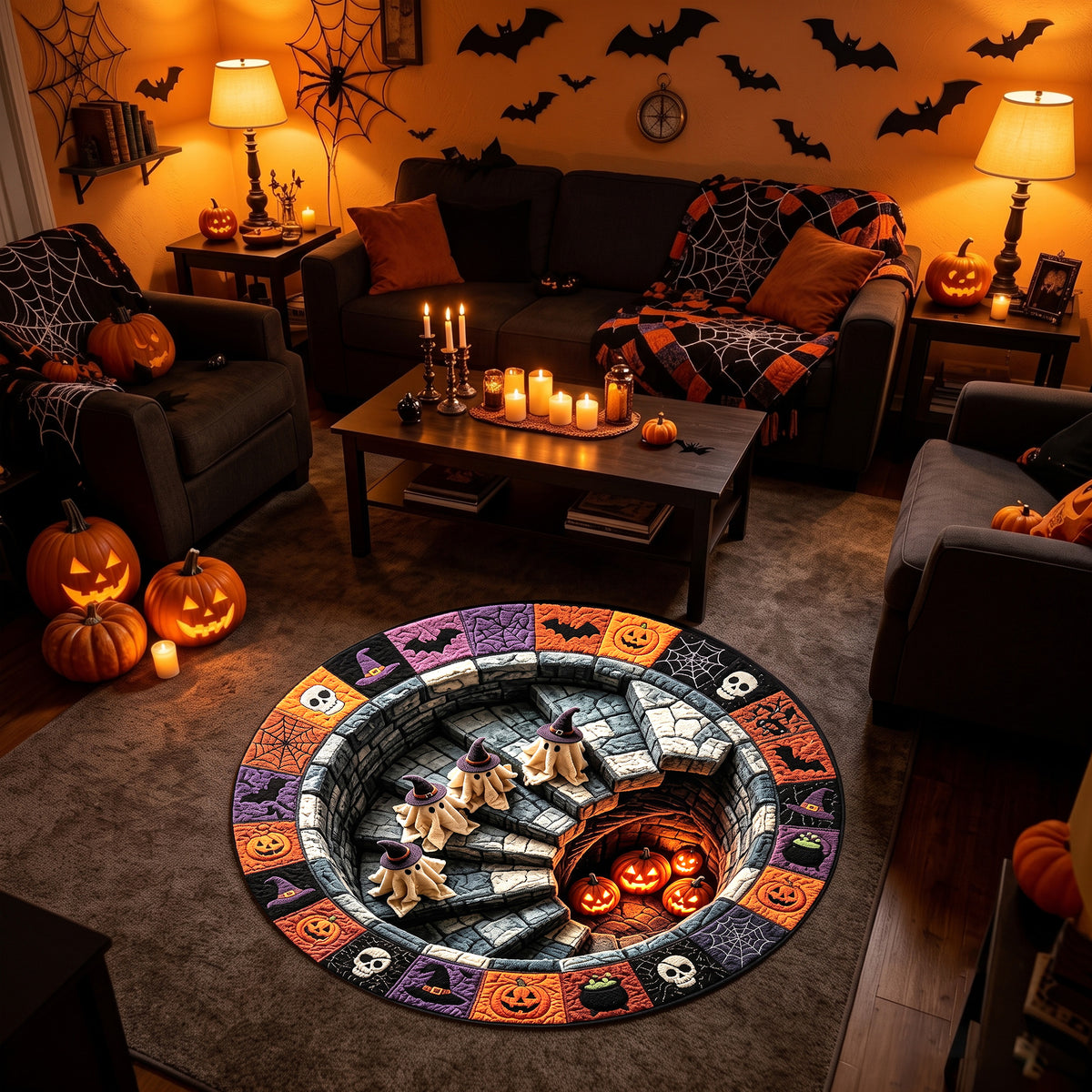 Halloween Round Rug 3D Stairs Witch Ghosts Patchwork