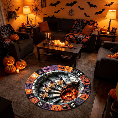 Halloween Round Rug 3D Stairs Witch Ghosts Patchwork