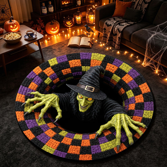 Halloween Round Rug 3D Scary Witch Checkered Pit