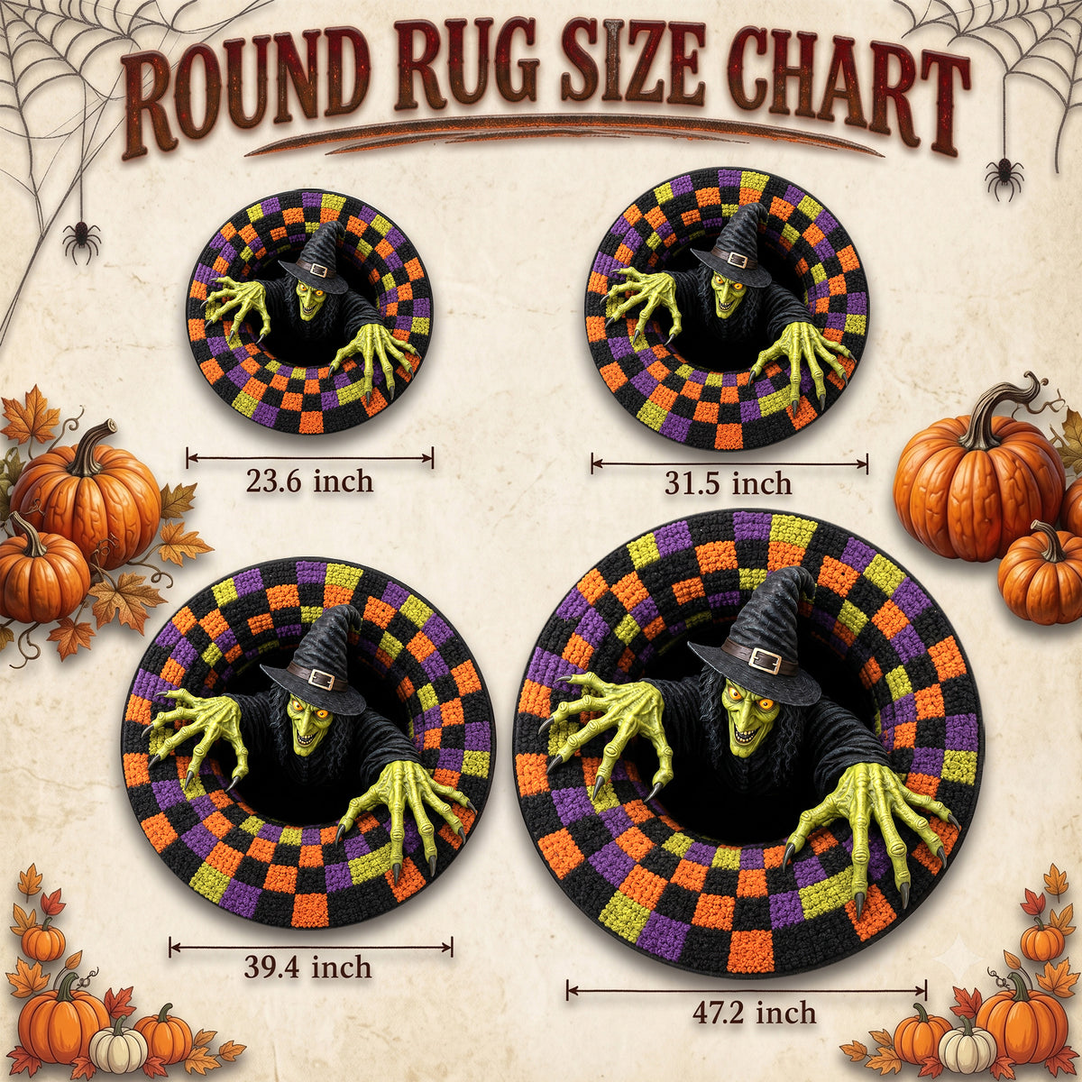 Halloween Round Rug 3D Scary Witch Checkered Pit