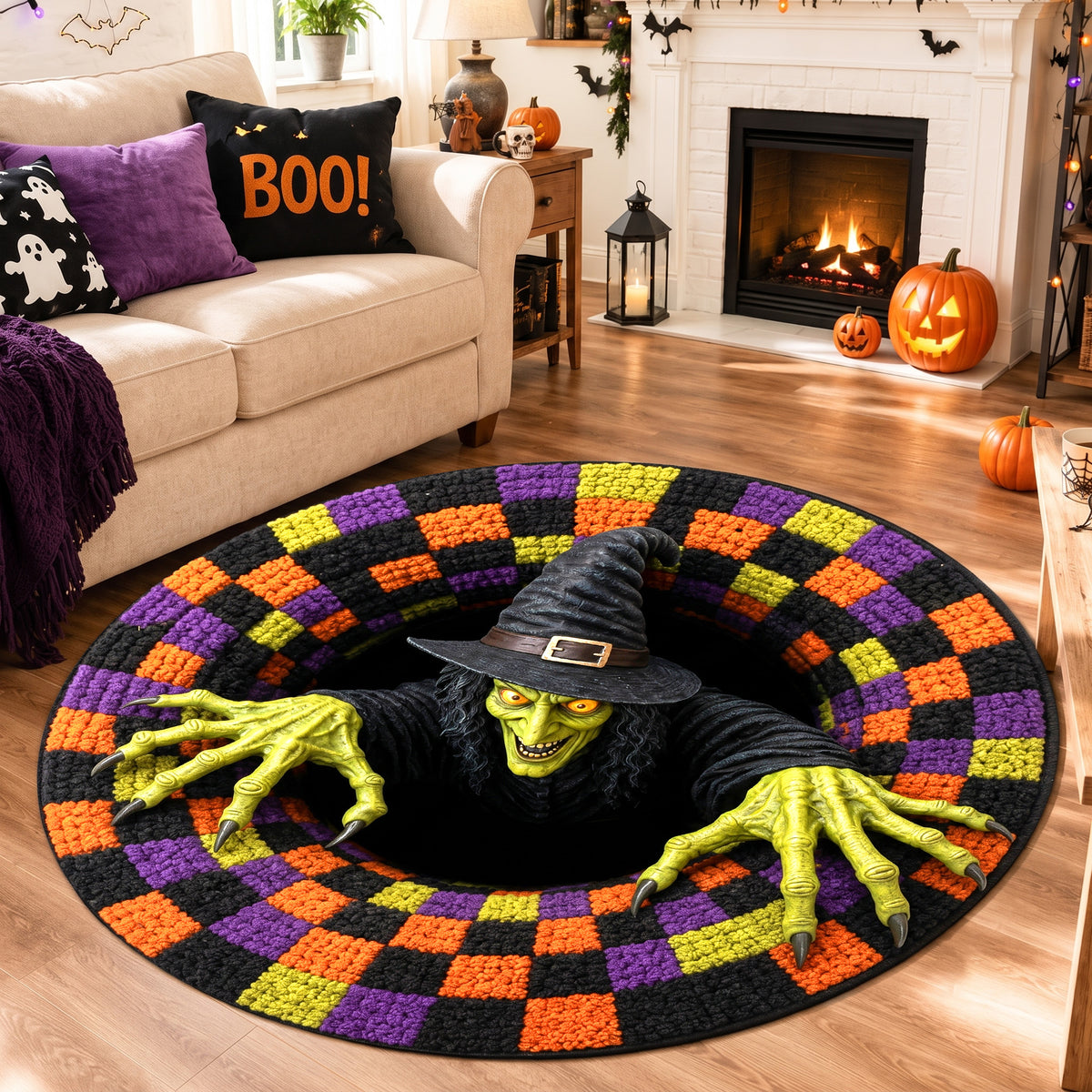 Halloween Round Rug 3D Scary Witch Checkered Pit