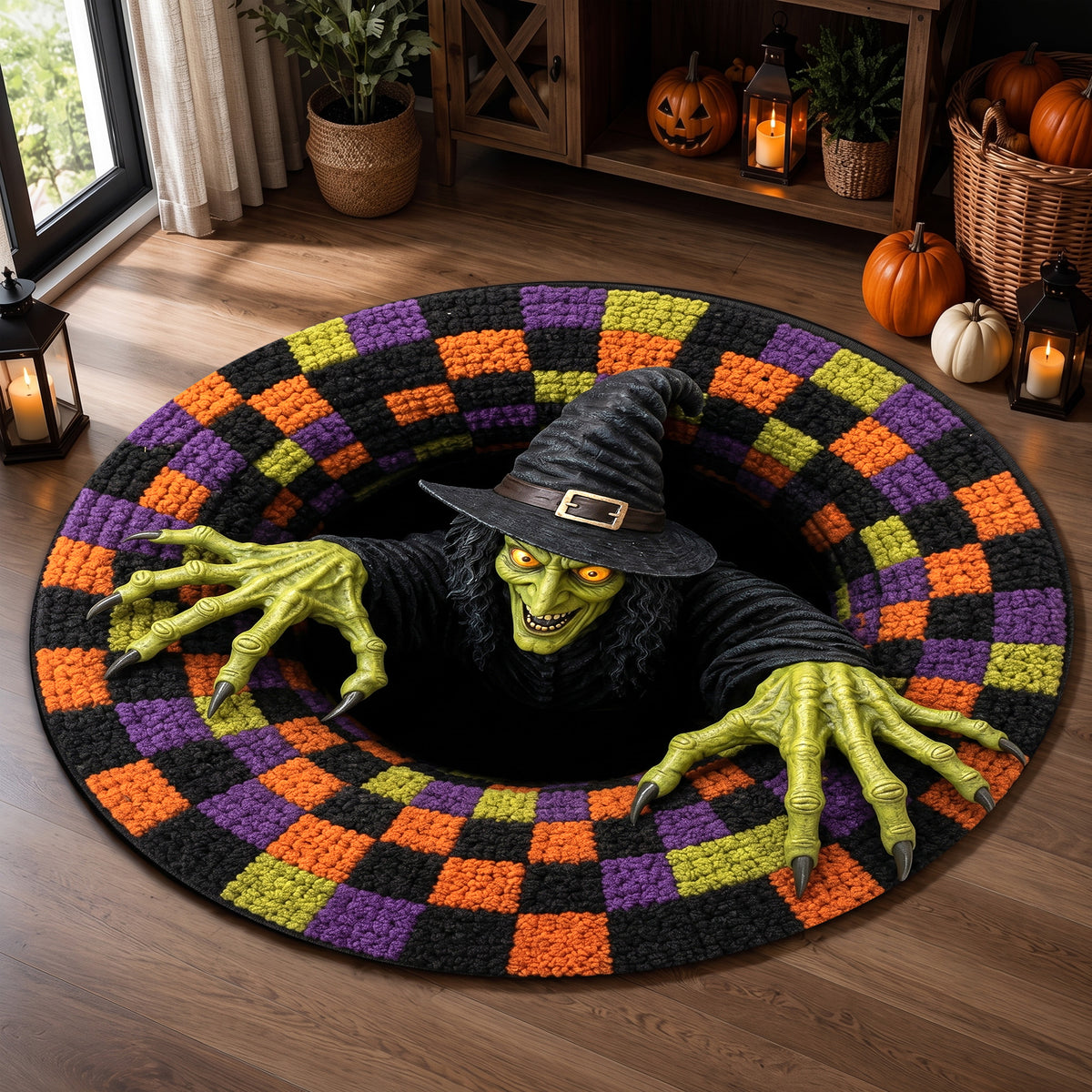 Halloween Round Rug 3D Scary Witch Checkered Pit