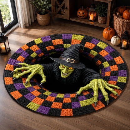 Halloween Round Rug 3D Scary Witch Checkered Pit