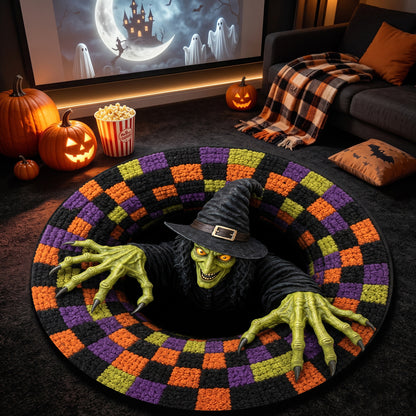 Halloween Round Rug 3D Scary Witch Checkered Pit