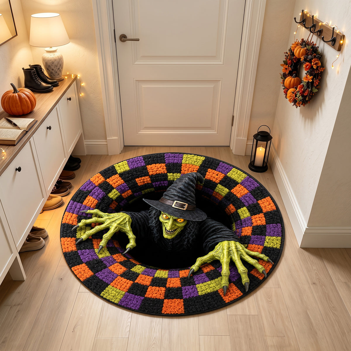 Halloween Round Rug 3D Scary Witch Checkered Pit