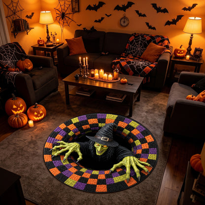 Halloween Round Rug 3D Scary Witch Checkered Pit