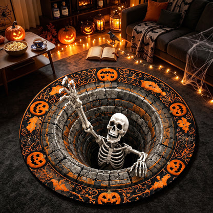 Halloween Round Rug 3D Skeleton Stone Pit Pumpkins