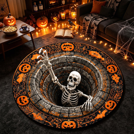 Halloween Round Rug 3D Skeleton Stone Pit Pumpkins