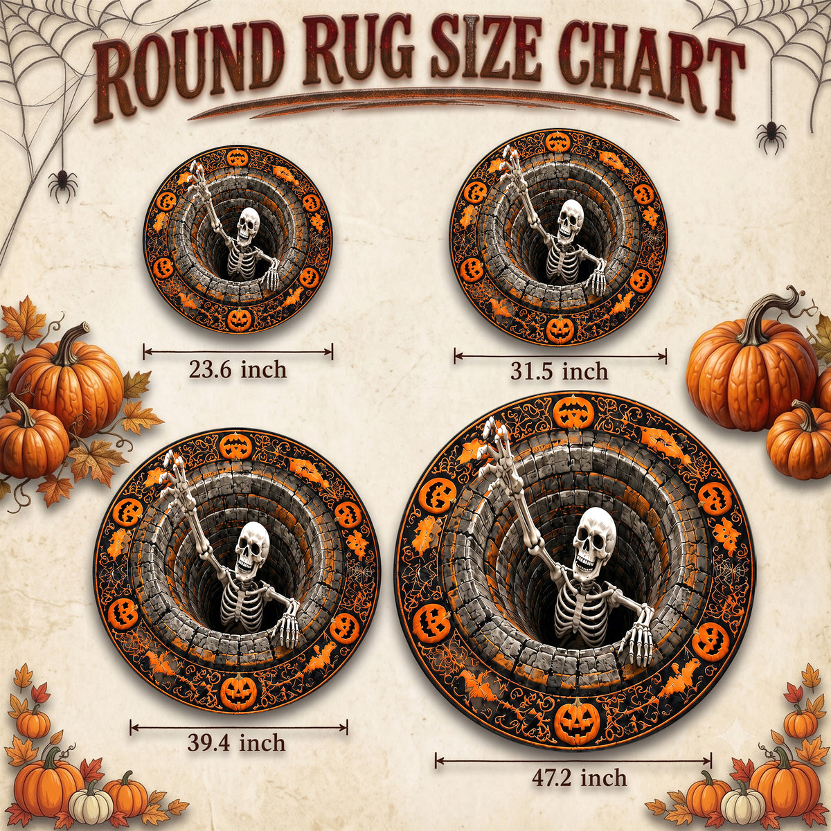Halloween Round Rug 3D Skeleton Stone Pit Pumpkins