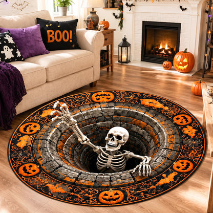 Halloween Round Rug 3D Skeleton Stone Pit Pumpkins