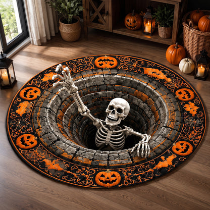 Halloween Round Rug 3D Skeleton Stone Pit Pumpkins