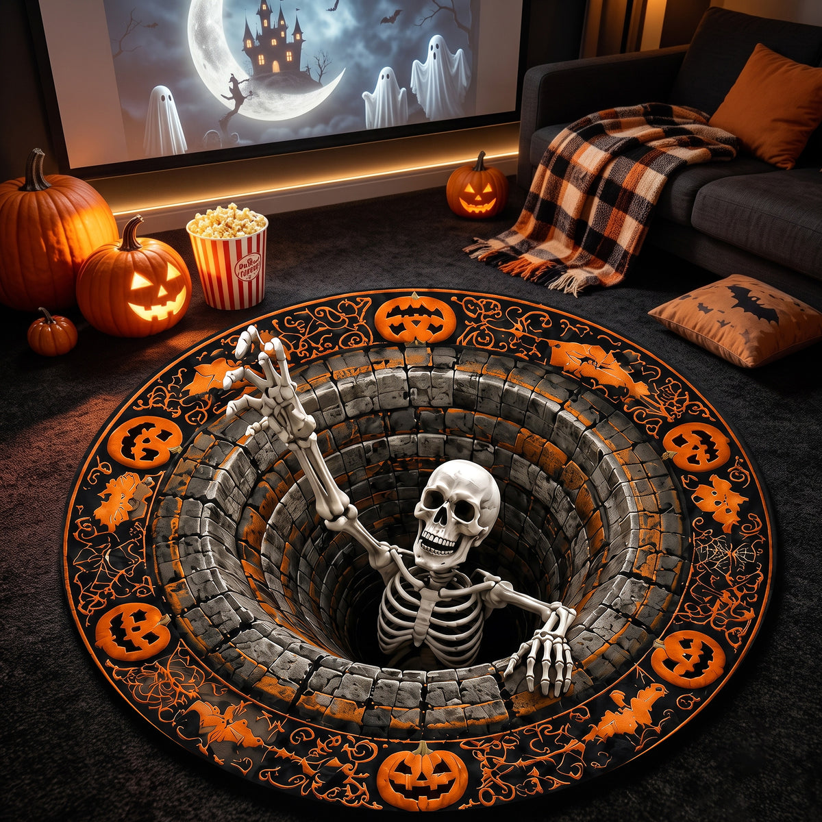 Halloween Round Rug 3D Skeleton Stone Pit Pumpkins