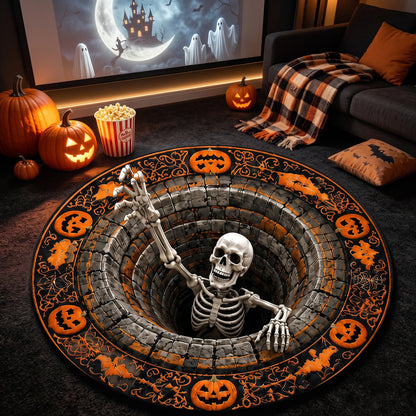 Halloween Round Rug 3D Skeleton Stone Pit Pumpkins