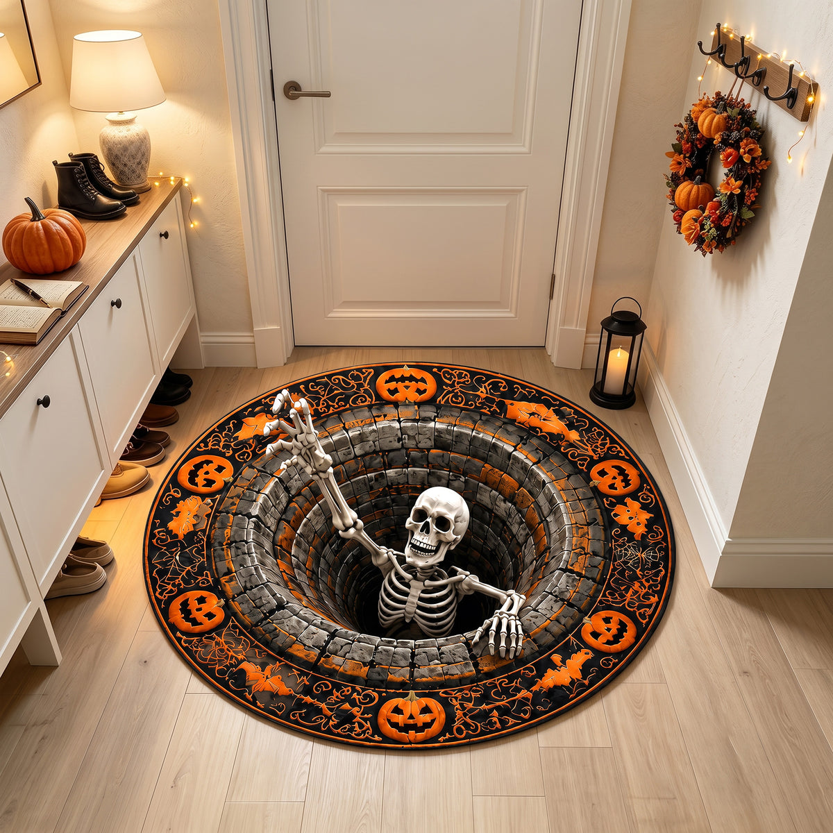 Halloween Round Rug 3D Skeleton Stone Pit Pumpkins