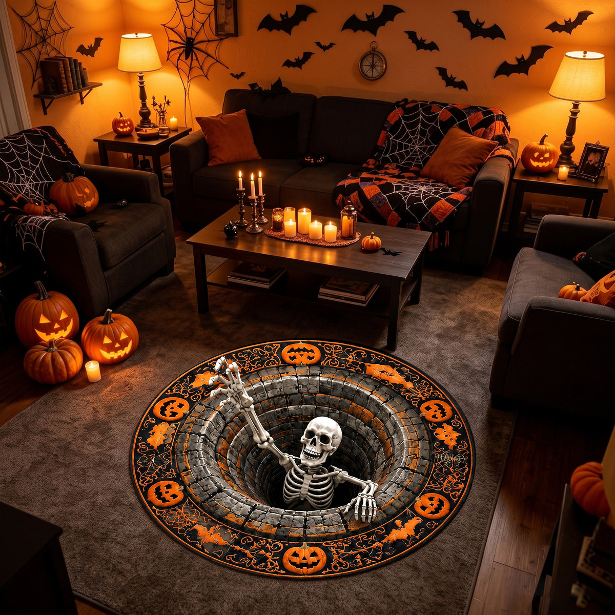 Halloween Round Rug 3D Skeleton Stone Pit Pumpkins