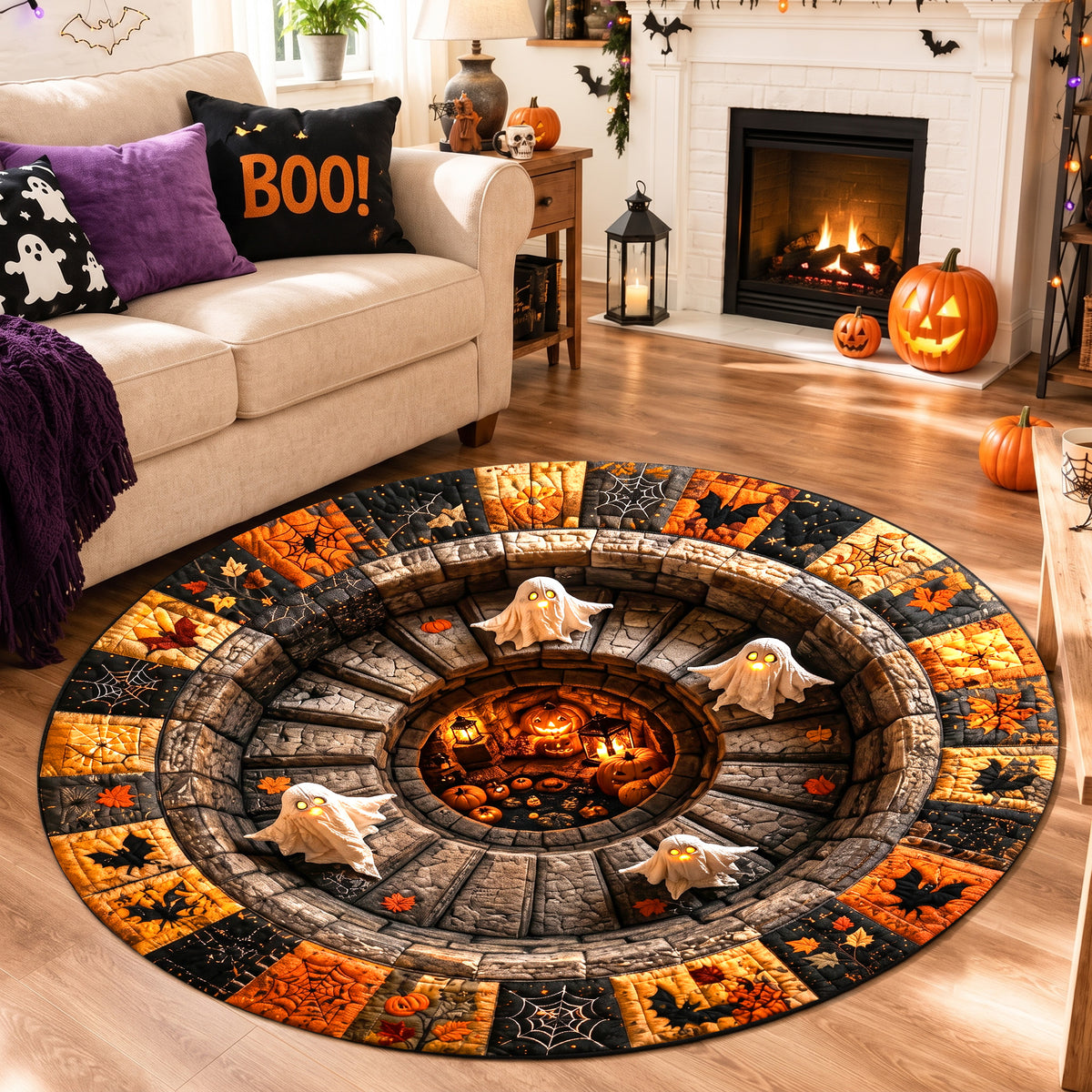 Halloween Round Rug 3D Stairs Ghosts Patchwork