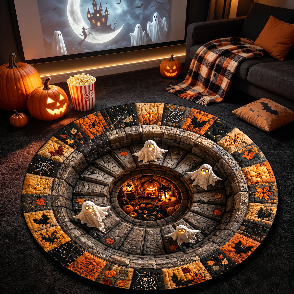Halloween Round Rug 3D Stairs Ghosts Patchwork