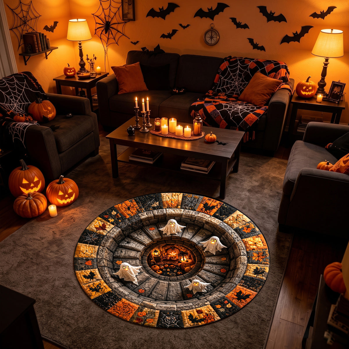 Halloween Round Rug 3D Stairs Ghosts Patchwork