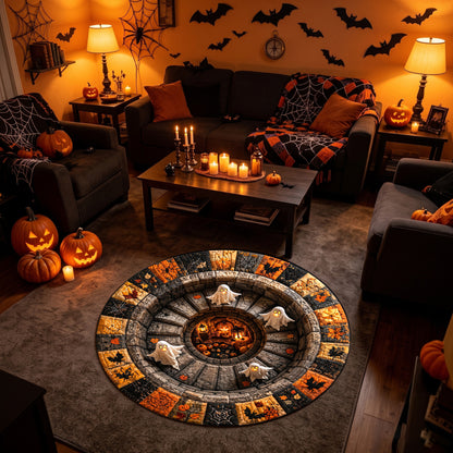 Halloween Round Rug 3D Stairs Ghosts Patchwork