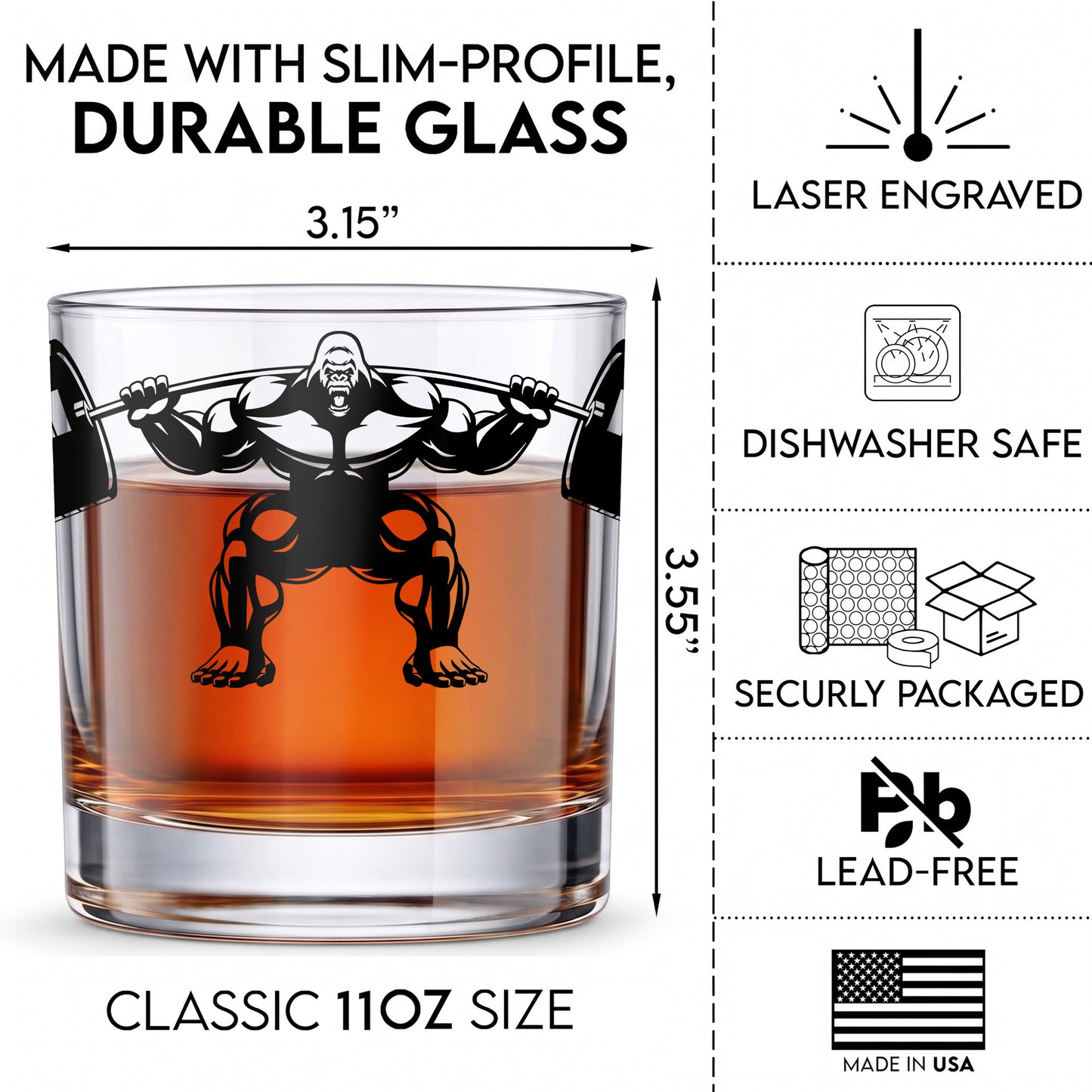 Personalized Gorilla Whiskey Glass - Custom Gym Fitness Gift