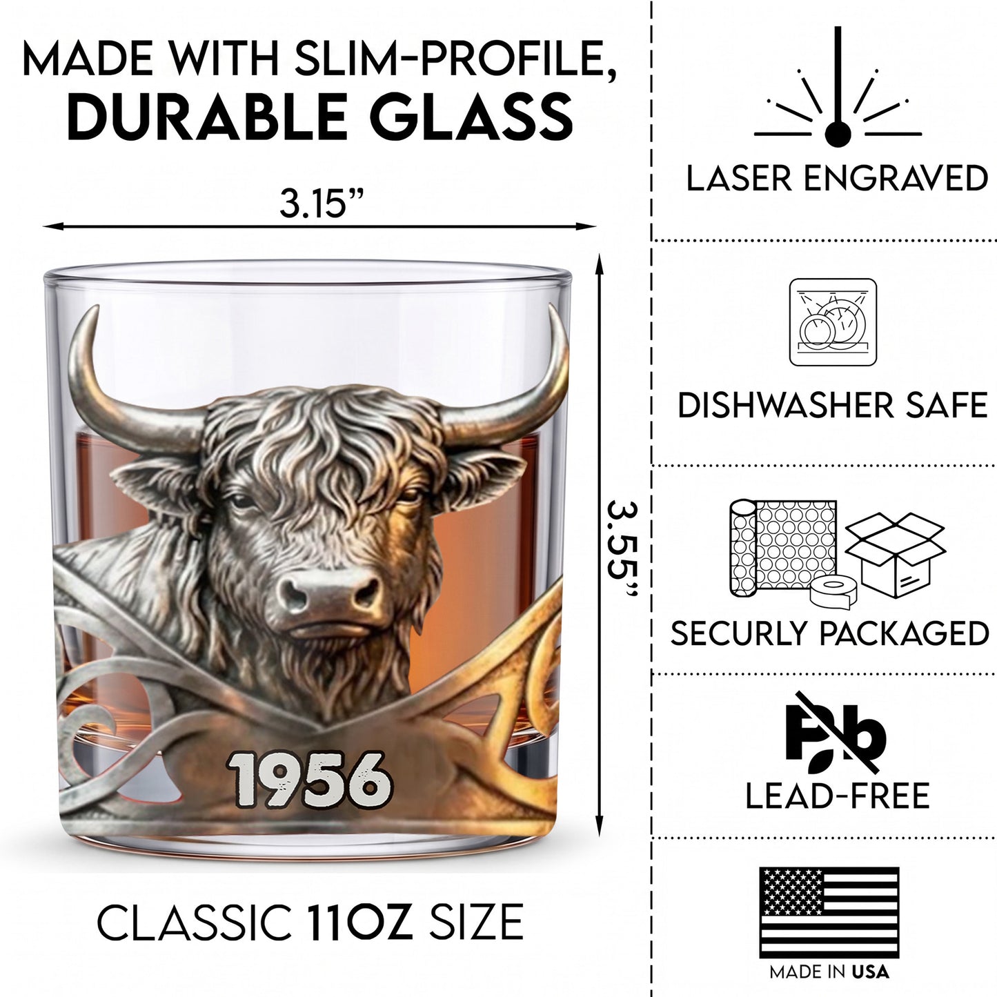 Personalized Highland Cow Whiskey Glass - Custom Year Farm Gift
