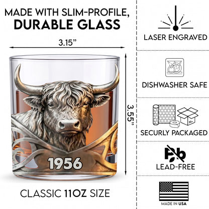 Personalized Highland Cow Whiskey Glass - Custom Year Farm Gift