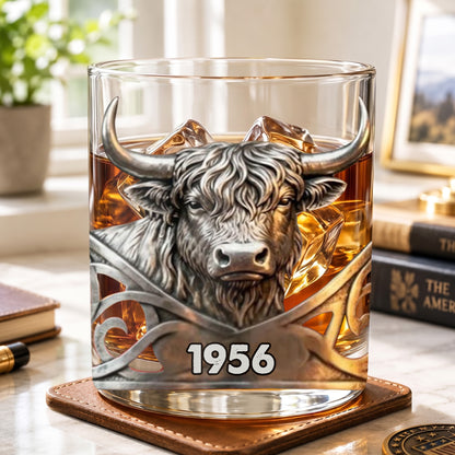 Personalized Highland Cow Whiskey Glass - Custom Year Farm Gift