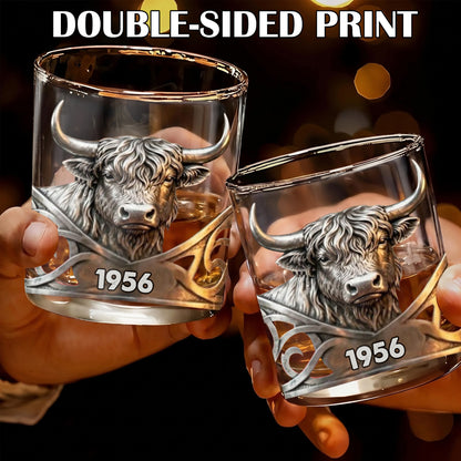 Personalized Highland Cow Whiskey Glass - Custom Year Farm Gift